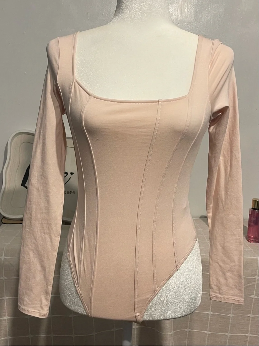 H&M  Womens casual Square Neck Long Sleeve Bodysuit - Light Blush 95% cotton NWT